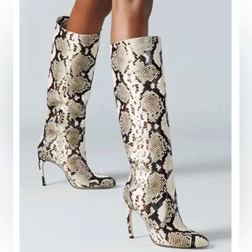 Stuart Weitzman Luxecurve 100 Slouch Python Snake Print Knee High Stiletto Boots
